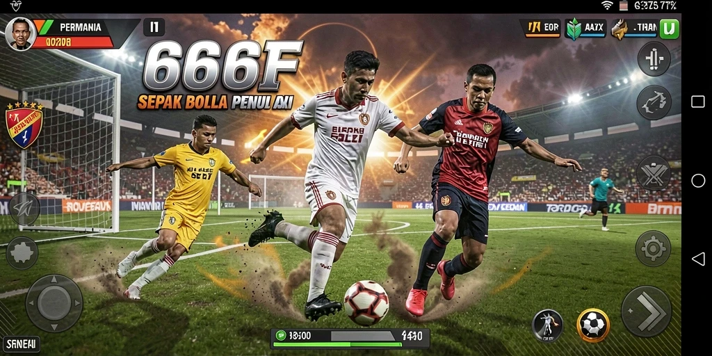 Tangkapan layar utama dari gameplay <strong>666F</strong> yang menunjukkan aksi sepak bola yang dinamis.