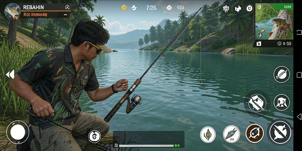 Gameplay seru dalam REBAHIN menunjukkan aksi memancing yang mendebarkan.
